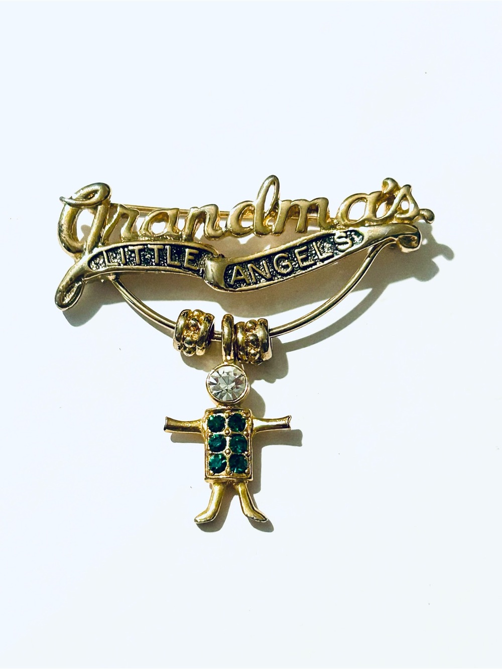 KIS Grandma's Little Angels Gold-Tone Brooch with Green Accents